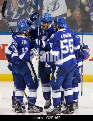 Tampa, Florida, Stati Uniti d'America. Xxiv Maggio, 2016. LOREN ELLIOTT | Orari.Tampa Bay Lightning center Brian Boyle (11), al centro, si congratula con i compagni di squadra dopo aver segnato nel terzo periodo contro i pinguini di Pittsburgh nel gioco 6 della Eastern Conference Final Martedì, 24 maggio 2016 a Tampa. © Loren Elliott/Tampa Bay volte/ZUMA filo/Alamy Live News Foto Stock