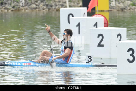 Kayaker ceca Josef Dostal (nella foto) ha vinto una gara chilometro all'ICF (International Canoe Federation) Canoa sprint di Coppa del Mondo a Racice, seguito dal tedesco Max Hoff e Rene danese Poulsen in Racice, Repubblica ceca, 28 maggio. 2016. (CTK foto/Libor Zavoral) Foto Stock