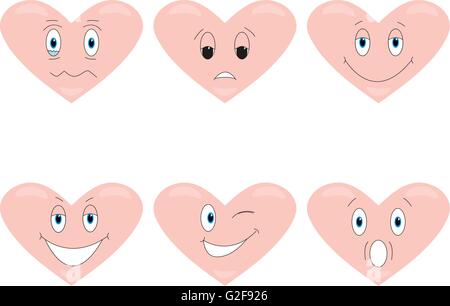 Sei cuori di vettore di emozioni su uno sfondo bianco Illustrazione Vettoriale