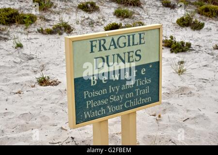 Fragile dune di sabbia segno sulla spiaggia con un avvertimento circa le zecche e poison ivy Foto Stock