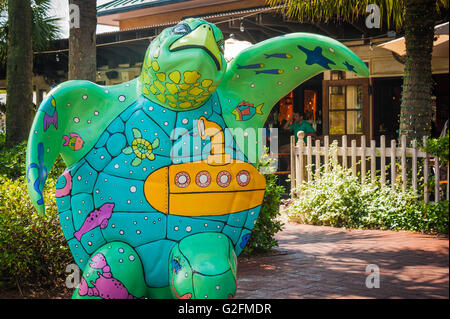 "Sottomarino Giallo' dipinta turtle fuori Poe's Tavern in spiagge centro città zona di Atlantic Beach, Florida, Stati Uniti d'America. Foto Stock