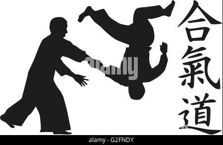 Aikido fighters con segni caligraphy Foto Stock