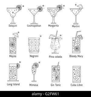 Set di delineare vari tipi di cocktail. Illustrazione Vettoriale. Isolato su sfondo bianco. Illustrazione Vettoriale