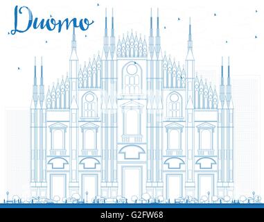 Delineare il Duomo in colore blu. Milano. L'Italia. Illustrazione Vettoriale. Il concetto di turismo con edificio storico. Immagine per la presentazione Illustrazione Vettoriale