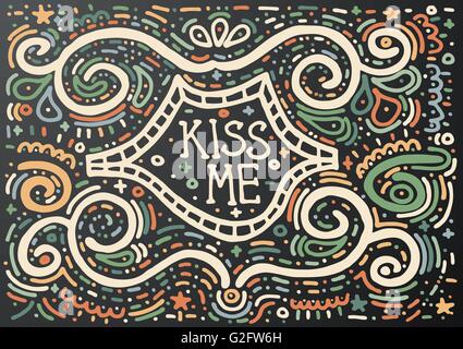 Kiss me. Disegnato a mano stampa vintage con effetto decorativo il testo bordato e labbra. Sfondo vintage. Illustrazione Vettoriale. Illustrazione Vettoriale