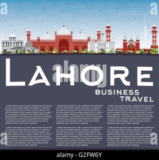 Lahore Skyline con punti di riferimento di colore, il blu del cielo e spazio di copia. Illustrazione Vettoriale. Viaggi di affari e turismo Concept Illustrazione Vettoriale