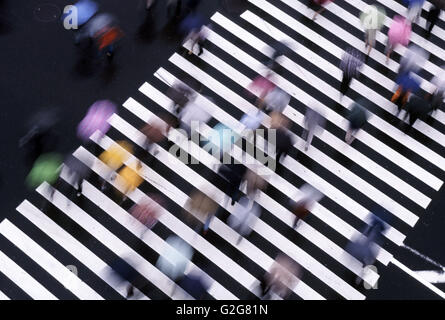 Pedoni con ombrelloni crossing Street nel quartiere di Ginza di Tokyo, Giappone. Foto Stock