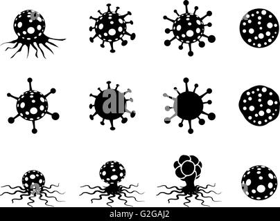 Set di virus e la cellula di cancro in stile silhouette, vettore Illustrazione Vettoriale