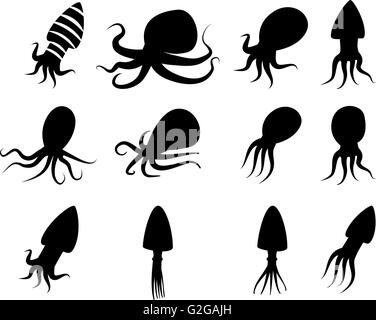 Set di icone di Squid in stile silhouette, simbolo del vettore Illustrazione Vettoriale