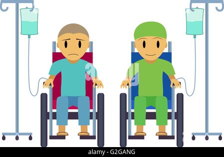 Paziente di cancro su una sedia a rotelle con triste, faccia felice, vettore Illustrazione Vettoriale