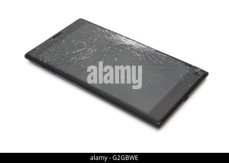 Vista laterale nero smartphone con schermo rotto su bianco Foto Stock