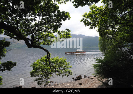 Una barca dal lancio di Keswick azienda passa in prossimità della estremità sud di Derwentwater nel Lake District inglese. Foto Stock