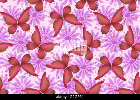 Modello senza giunture, farfalle e fiori Illustrazione Vettoriale