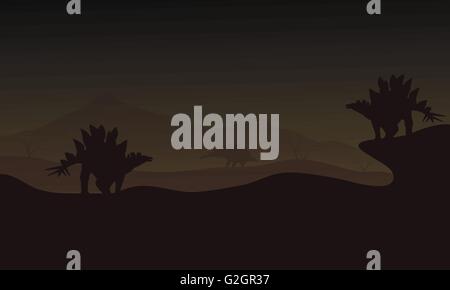 Di notte Stegosaurus in colline scnery Illustrazione Vettoriale