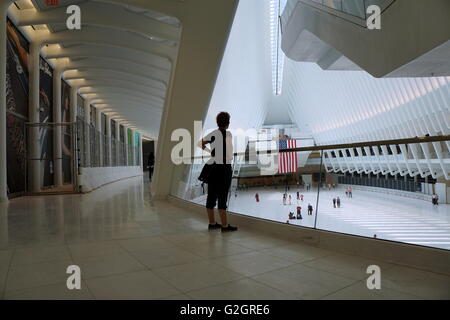 Spettatori ammirando l'interno dell'occhio Trasporto Hub, World Trade Center di New York City, NY, STATI UNITI D'AMERICA Foto Stock