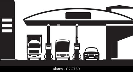 Camion, bus e auto a gas station - illustrazione vettoriale Illustrazione Vettoriale