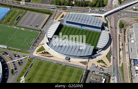 Vista aerea del Manchester City Football Academy, Etihad Stadium e Manchester centro regionale, REGNO UNITO Foto Stock