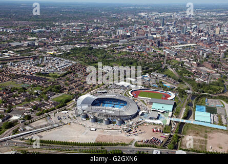 Vista aerea del Manchester City Football Academy, Etihad Stadium e Manchester centro regionale, REGNO UNITO Foto Stock