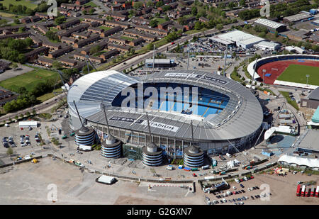 Vista aerea del Manchester City Football Academy, Etihad Stadium e Manchester centro regionale, REGNO UNITO Foto Stock