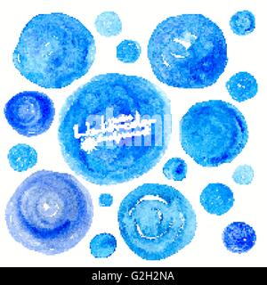 Set di blu testurizzato ad acquerello disegnata a mano cerchi Illustrazione Vettoriale