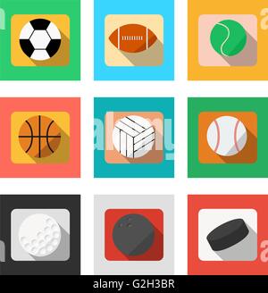 Vettore. Set di sport palle. Gamma di accessori sportivi. Calcio, baseball, palla da rugby, calcio, basket, pallavolo, hockey, golf, bowling. Illustrazione isolato. Design piatto Illustrazione Vettoriale