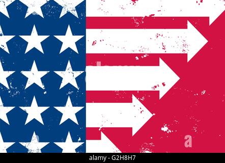 America andando avanti un distressed bandiera americana con le strisce bianche come frecce per mostrare la crescita e progresso. Illustrazione Vettoriale