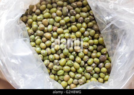 Il sacchetto di plastica con Green Mung bean. Messa a fuoco selettiva. Elevato angolo di visione Foto Stock