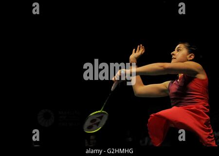 Jakarta, Indonesia. 31 Maggio, 2016. Carolina Marin di Spagna restituisce il volano durante le donne singoli match di qualificazione contro Desi Hera dell Indonesia in Indonesia Open badminton nel torneo di Jakarta, Indonesia, 31 maggio 2016. Carolina Marin ha vinto 2-0. Credito: Agung Kuncahya B./Xinhua/Alamy Live News Foto Stock