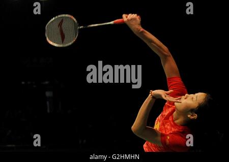 Jakarta, Indonesia. 31 Maggio, 2016. Sun Yu della Cina restituisce il volano durante le donne singoli match di qualificazione contro Ratchanok Intanon di Thailandia presso l Indonesia Open badminton nel torneo di Jakarta, Indonesia, 31 maggio 2016. Sun Yu ha vinto 2-1. Credito: Agung Kuncahya B./Xinhua/Alamy Live News Foto Stock