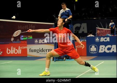 Jakarta, Indonesia. 31 Maggio, 2016. Sun Yu della Cina restituisce il volano durante le donne singoli match di qualificazione contro Ratchanok Intanon di Thailandia presso l Indonesia Open badminton nel torneo di Jakarta, Indonesia, 31 maggio 2016. Sun Yu ha vinto 2-1. Credito: Agung Kuncahya B./Xinhua/Alamy Live News Foto Stock