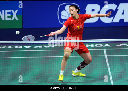 31 maggio 2016 - Jakarta, Indonesia - JAKARTA, Indonesia - 31 maggio : Sun Yu della Cina colpisce un ritorno contro Ratchanok Inthanon della Thailandia durante il singolare femminile in Indonesia Open 2016 a Jakarta, Indonesia il 31 maggio 2016. (Credito Immagine: © Sijori immagini via ZUMA filo) Foto Stock