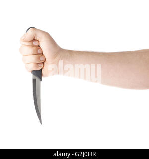 Mano che tiene un coltello, composizione isolata su sfondo bianco Foto Stock