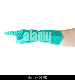 Mano nel guanto in lattice di gomma con il conteggio di un dito puntato gesto segno bianco su sfondo isolato Foto Stock