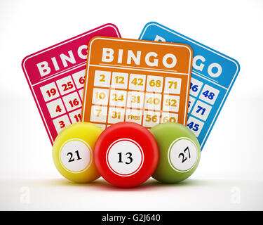 Le sfere di bingo e carte con numeri generici. 3D'illustrazione. Foto Stock