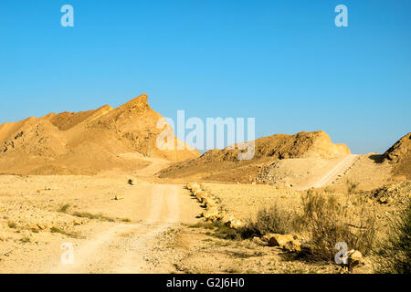 Traccia di sporco attraverso il cratere di Ramon, il cratere di Ramon è il più grande del mondo di erosione carsica cirque. Si trova presso il pisello Foto Stock