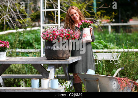 La donna lavora nel suo giardino disponendo dei fiori in un vaso di fiori Foto Stock