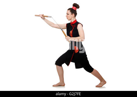 Funny donna con nunchucks isolato su bianco Foto Stock