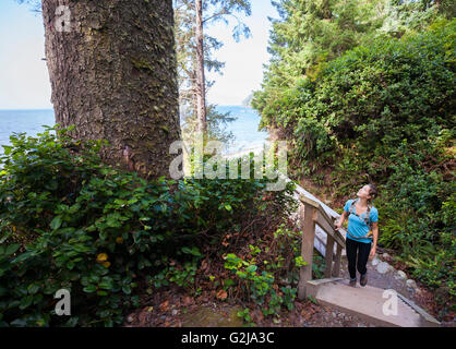 Giovane donna escursionista cercando un Sitka Spruce tree (Picea sitchensis) Mystic spiaggia lungo Juan de Fuca Trail Isola di Vancouver BC Foto Stock