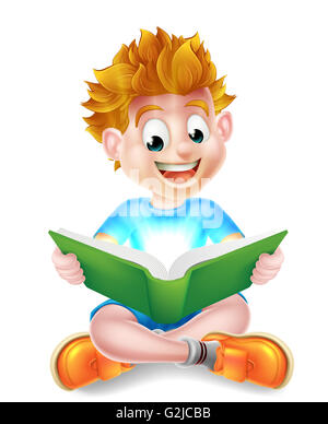 Un felice cartoon little boy godendo la lettura di un libro straordinario e utilizzando la sua fantasia Foto Stock