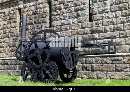 Replica di Richard Trevithick il motore di vapore, Cyfarthfa Castle, South Wales, Regno Unito. Foto Stock