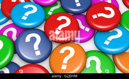 Punto interrogativo e icona sparsi sul badge colorati cliente domande di business concetto illustrazione. Foto Stock