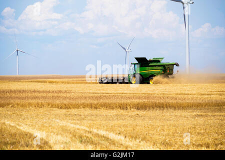 Una mietitrebbia John Deere i raccolti di frumento in Oklahoma, Stati Uniti d'America.wind farm in background. Foto Stock