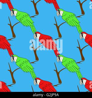 Big Red e pappagallo verde isolato. Modello di uccelli Illustrazione Vettoriale