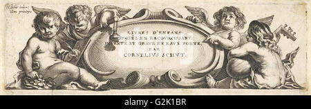 Quattro putti intorno a un cartiglio, stampa maker: Anonimo, Cornelis Schut I, sconosciuto, 1618 - 1705 Foto Stock