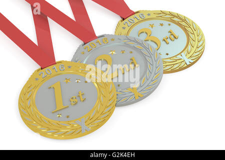 Oro, Argento e medaglie di bronzo 2016, 3D rendering isolati su sfondo bianco Foto Stock