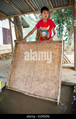 Un ragazzo di sollevamento di un pannello per la fabbricazione della carta, Pindaya, Myanmar (Birmania), Asia Foto Stock