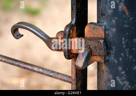 Il meccanismo di chiusura del vecchio metallo arrugginito garden gate post, Norfolk, Inghilterra Foto Stock