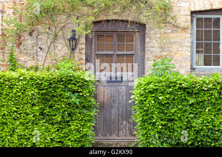 Vecchio brown porta in legno nel tradizionale honey comb cottage in pietra con verde siepe di faggio davanti, nelle zone rurali del villaggio Costwold Foto Stock