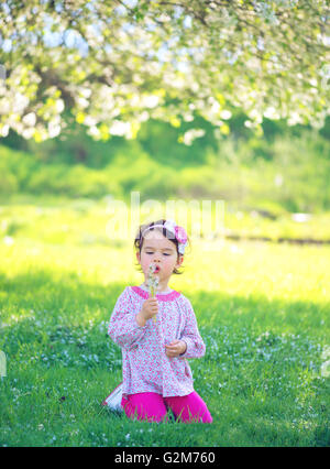 Bambino felice soffiando tarassaco all'aperto nel parco di primavera Foto Stock