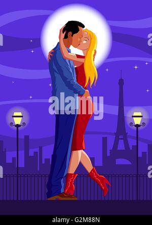 Giovane kissing contro la luna piena e la Torre Eiffel, Parigi, Francia Foto Stock